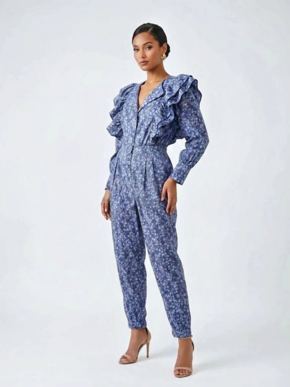 ELOQUII Flower Jumpsuit Blue & White floral Ruffle Size 14
